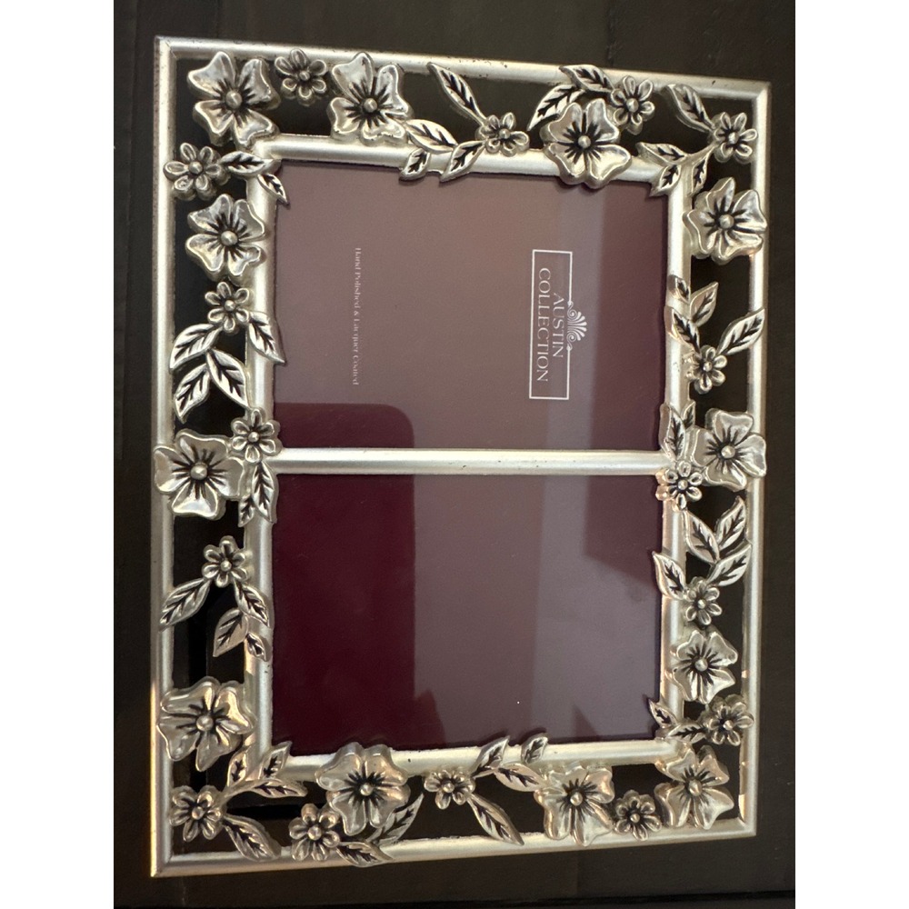 Austin Collection Silver Floral Double Picture Frame Ornate Metal 2 Opening 6x5